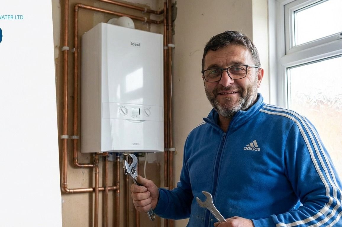 Mustafa Değerli beside an Ideal boiler he installed